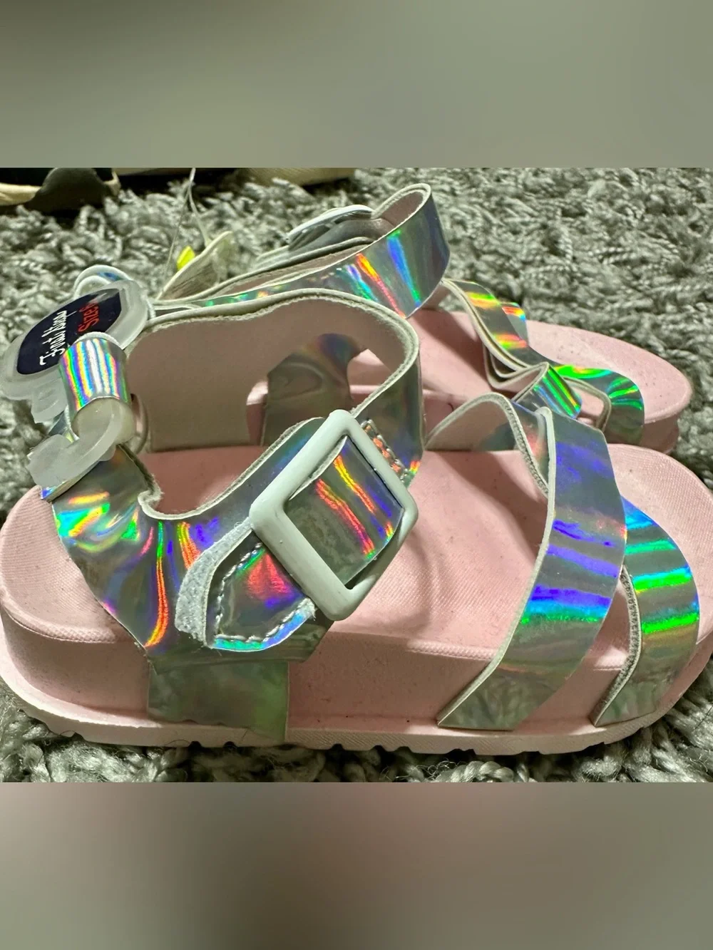First Steps Girls' Holographic Silver Sandals - Pink Footbed (Size 6)